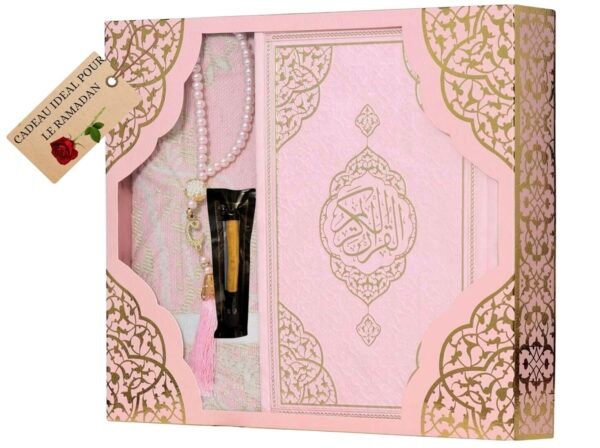 Coffret Cadeau Musulman-Saint Coran en arabe Tapis de prière, Tesbih, Siwak (Rose)