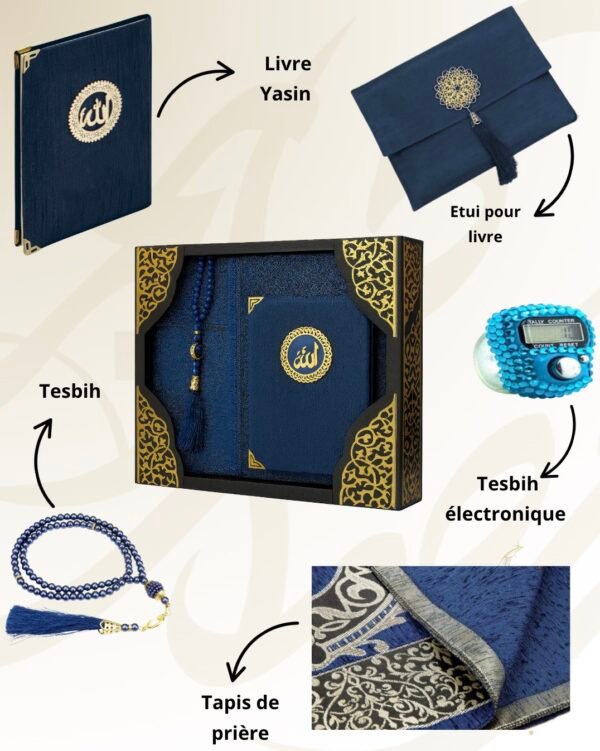 cadeau tapis prière musulman bleu foncé 🎁 Coffret Cadeau Islamique – Tapis de Prière, Livre de Sourates avec Étui, Tesbih & Zikirmatik (Bleu foncé)
